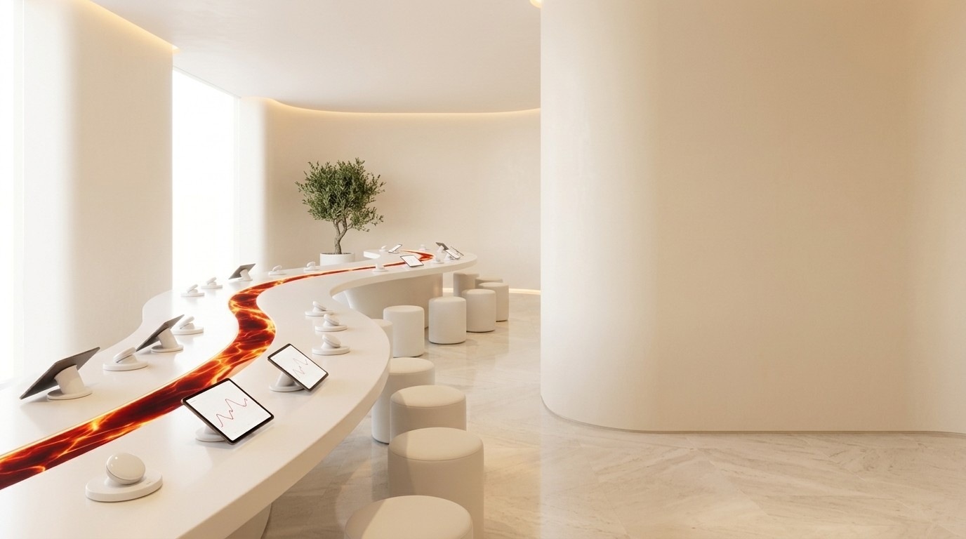 The magma store counter, with a glowing magma ribbon, tablets and white stools